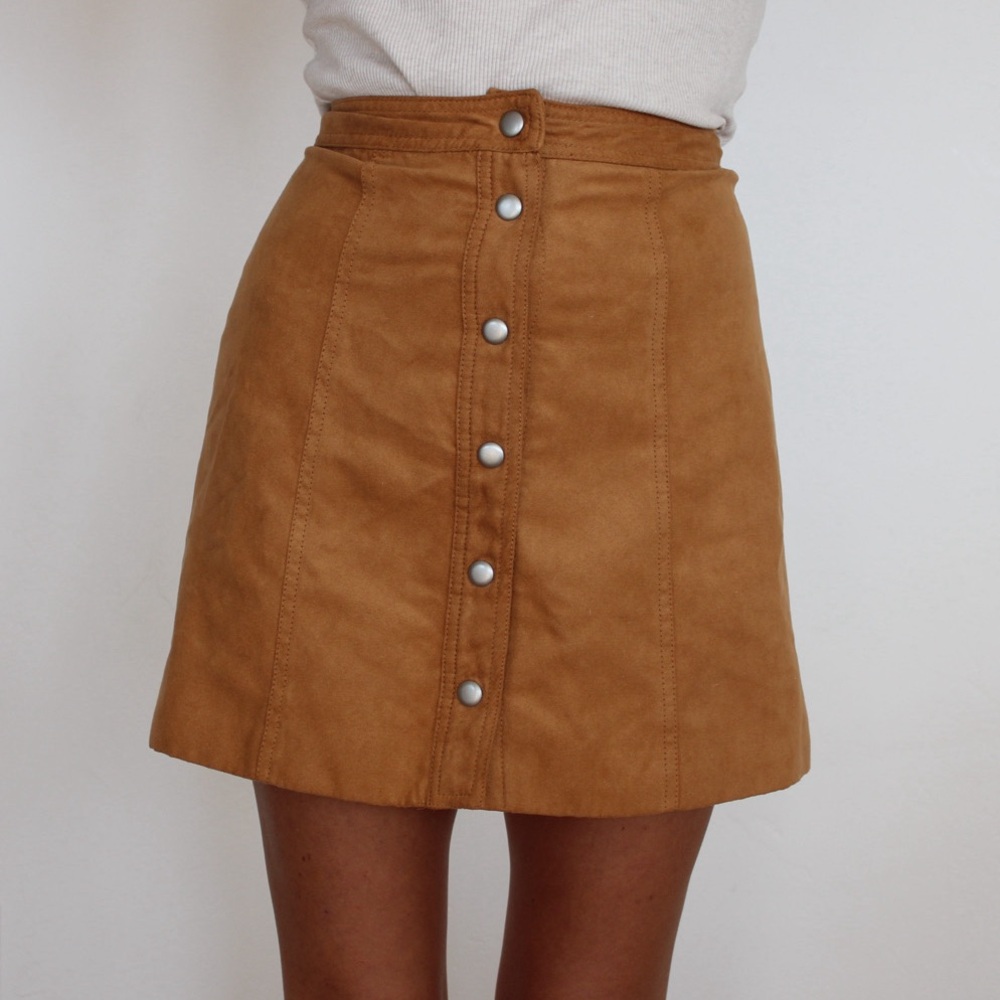 Suede camel brown button up skirt